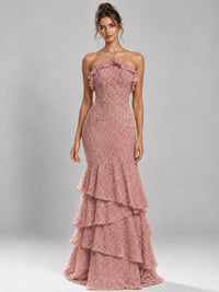 Halter Tiered Mermaid Prom Dress with Sparkly Lace