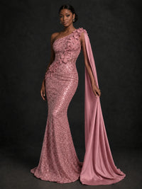 Gold Sequin One Shoulder Mermaid Prom Dress with Cape