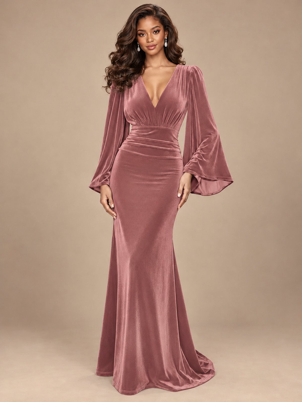 Burgundy Velvet Deep V-Neck Ruched Long Sleeve Maxi Dress