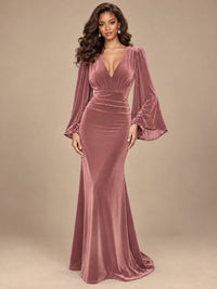 Burgundy Velvet Deep V-Neck Ruched Long Sleeve Maxi Dress