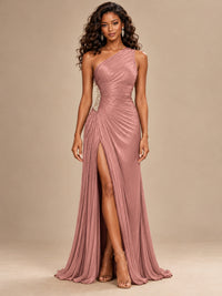 Burgundy One Shoulder Ruched Prom Dress with High Slit & Beaded Waist