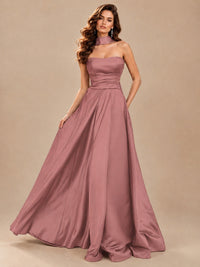 Strapless Prom Dress Side High Slit A-line Formal Dress with Scarf