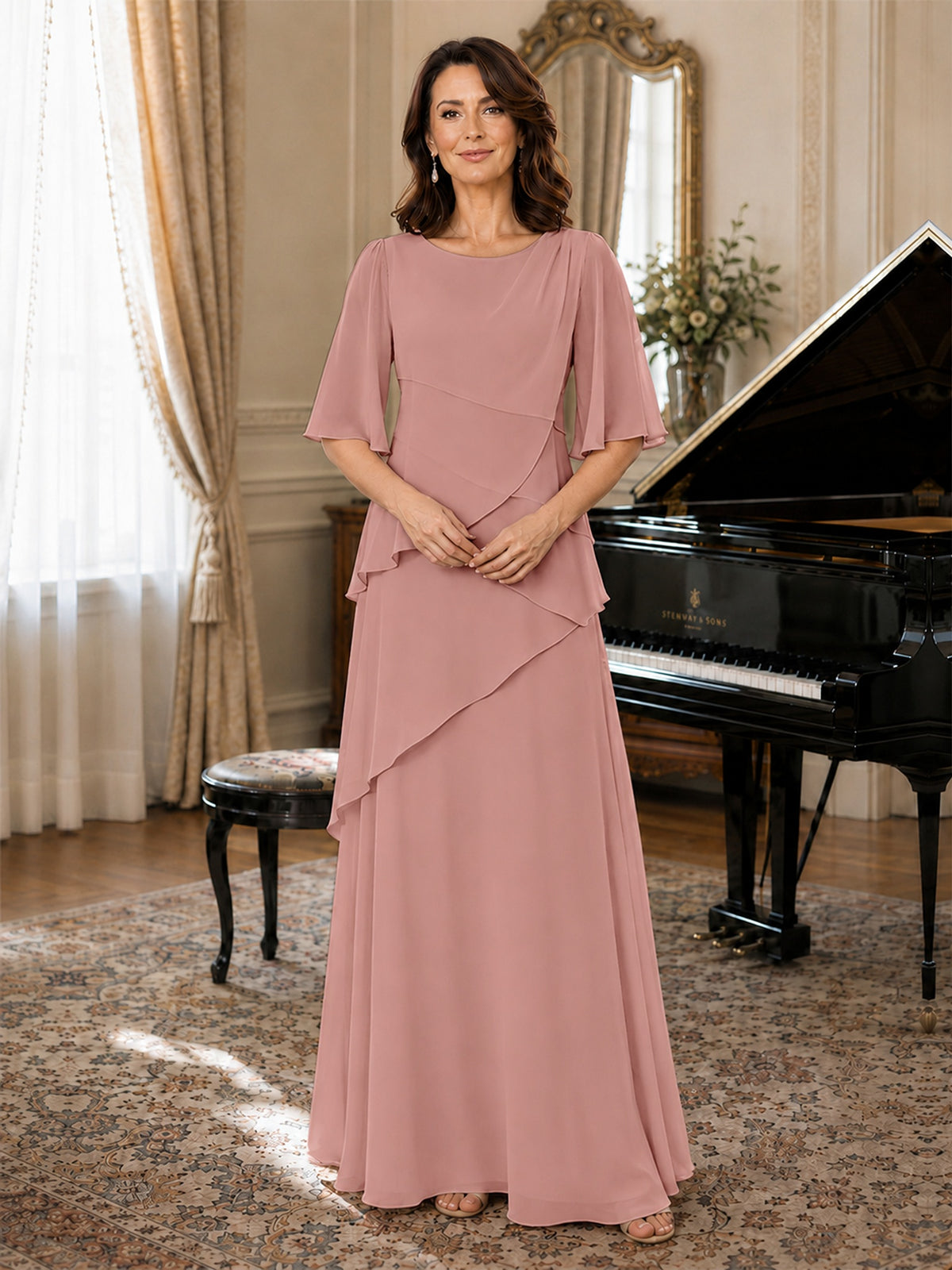 Asymmetric Draped Chiffon Mother of the Bride Dress with Flutter Sleeves