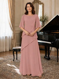 Asymmetric Draped Chiffon Mother of the Bride Dress with Flutter Sleeves