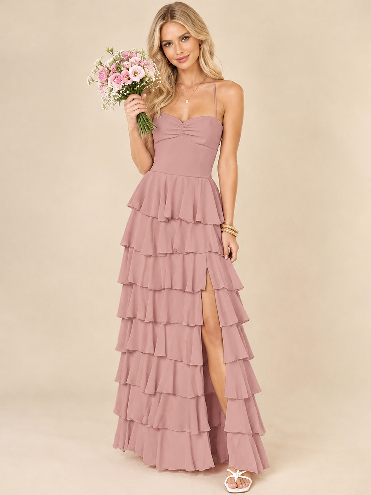 Ruffled Tiered Chiffon Prom Dress Spaghetti Straps Formal Maxi Dress with Slit