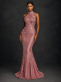 Sparkly Sequin High Neck Mermaid Prom Dress
