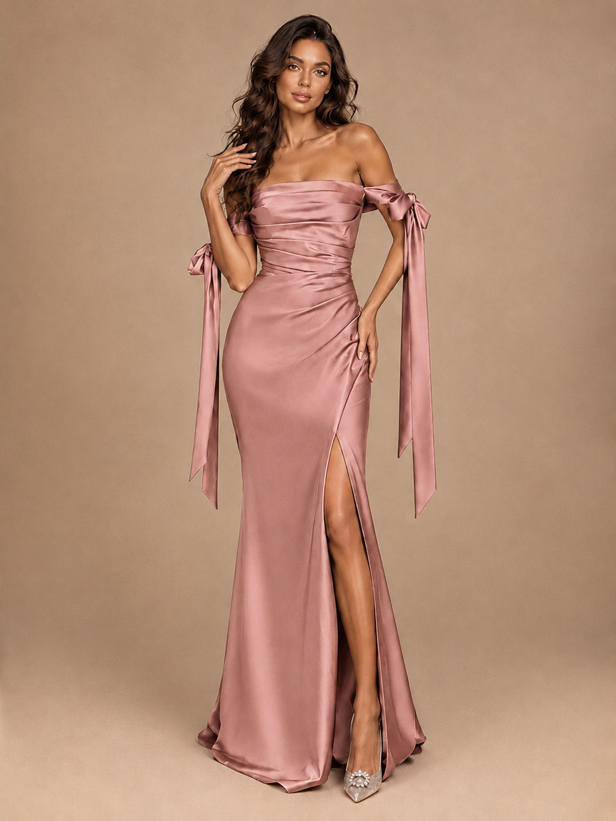 Off The Shuolder Satin Prom Dress Slit Mermaid Formal Gowns