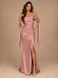 Off The Shuolder Satin Prom Dress Slit Mermaid Formal Gowns