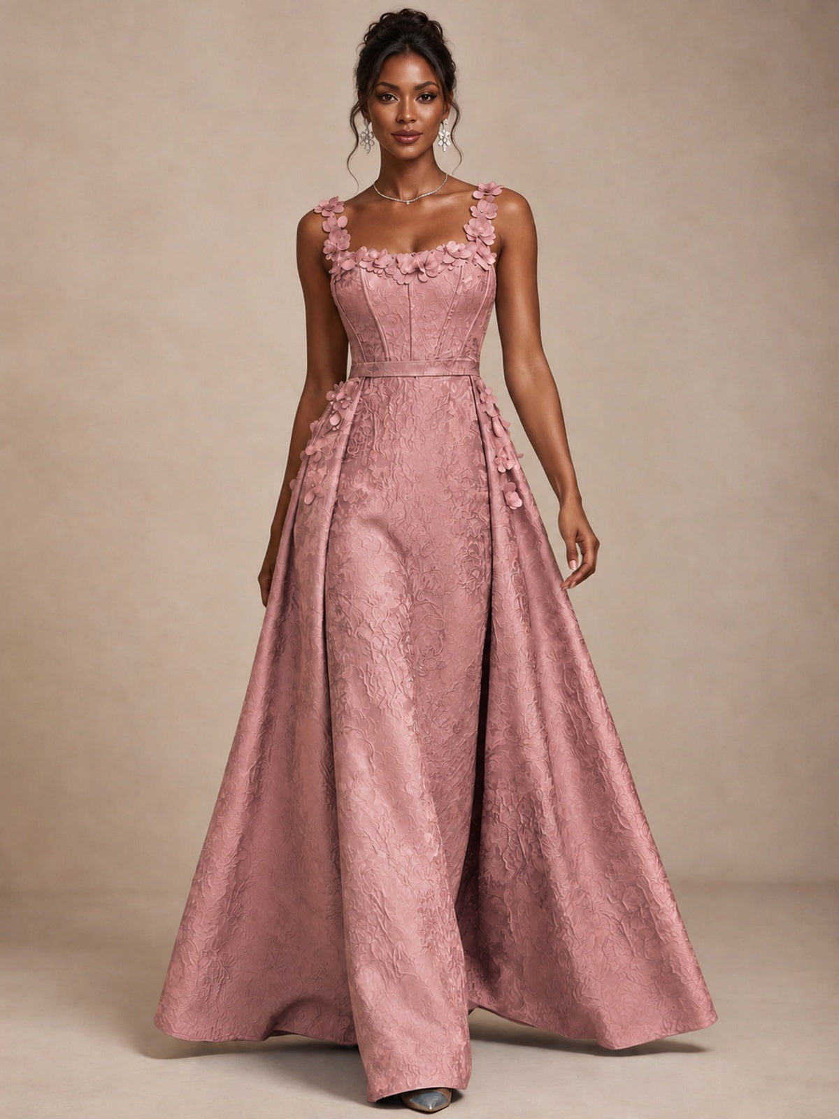 Light Blue 3D Floral Jacquard Prom Dress with Detachable Overskirt Corset Gown
