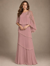 Elegant Chiffon Cape Sleeve Beaded Mother of the Bride Dress
