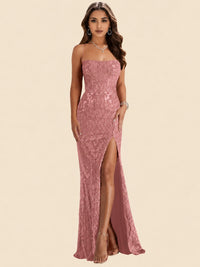 Sequin Lace Appliques Mermaid Prom Dress Spaghetti Strap Formal Gowns with Slit