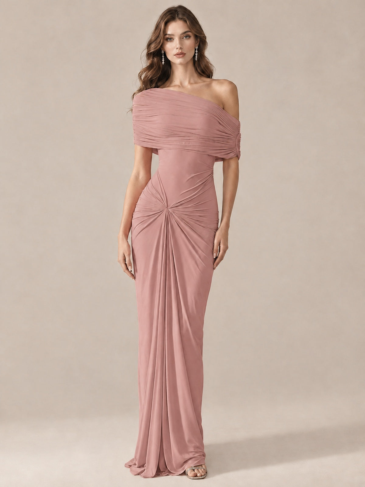 Elegant Draped Off Shoulder Ruched Mermaid Chiffon Formal Evening Gown