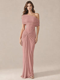 Elegant Draped Off Shoulder Ruched Mermaid Chiffon Formal Evening Gown