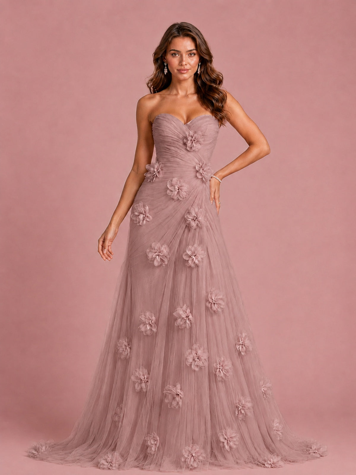3D Floral Applique Strapless Tulle Prom Dress with High Slit