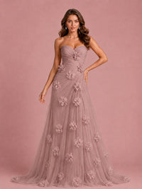 3D Floral Applique Strapless Tulle Prom Dress with High Slit