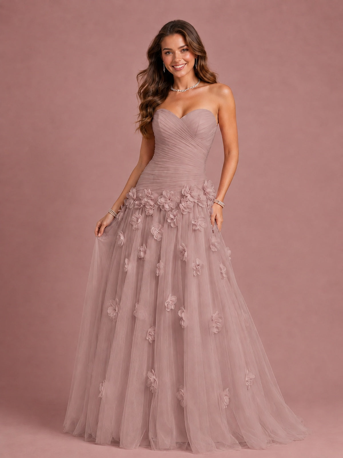 Blush Pink Strapless Sweetheart 3D Floral Tulle Ball Gown Prom Dres