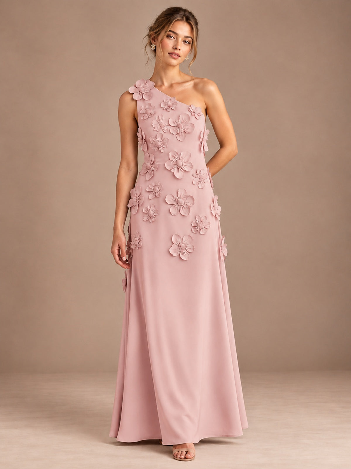 Dusty Rose- One Shoulder Satin Formal Maxi Dress with 3D Floral