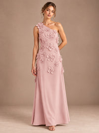 Dusty Rose- One Shoulder Satin Formal Maxi Dress with 3D Floral