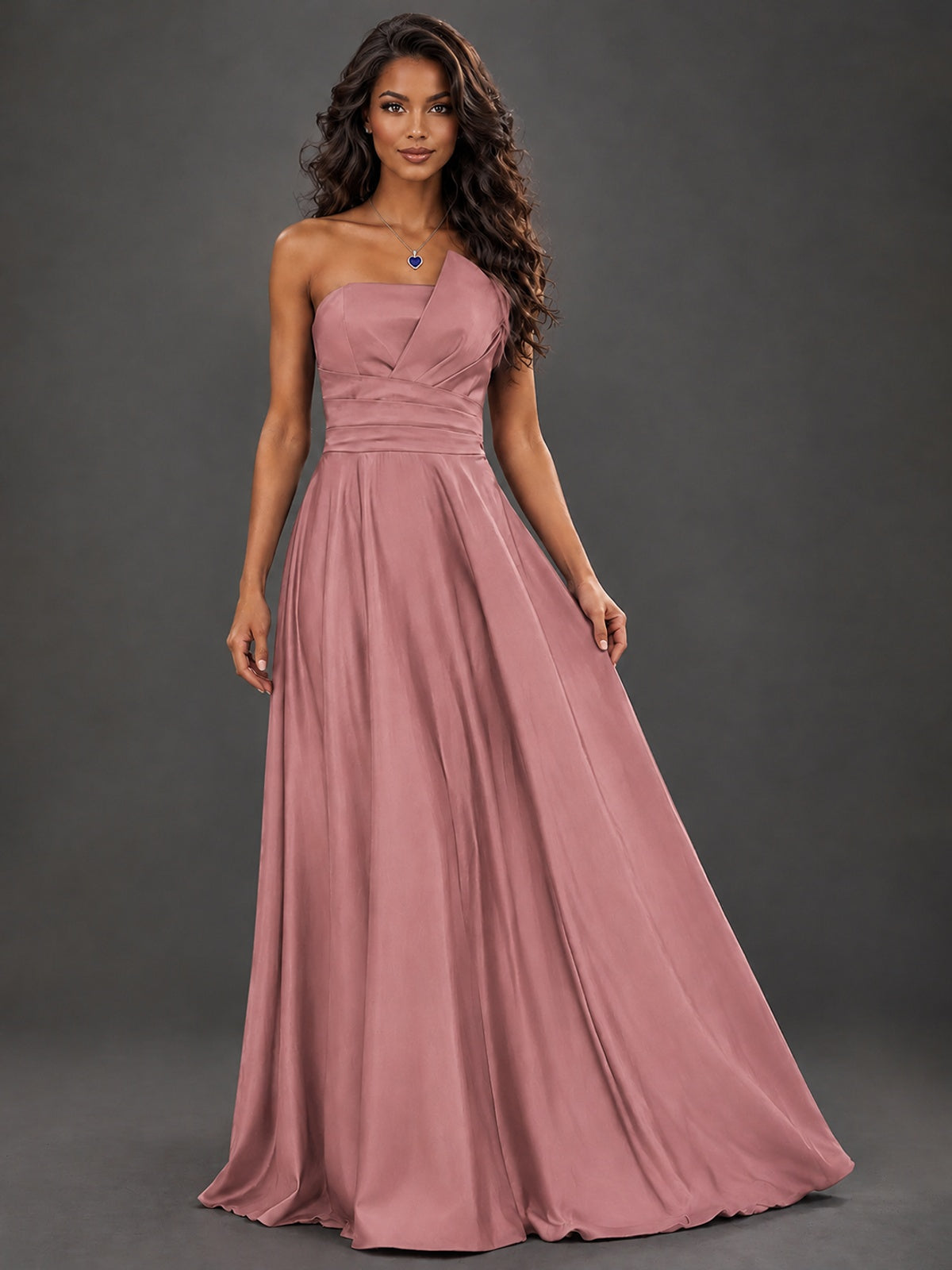 Draped Satin Prom Dress Strapless A-line Formal Dress Floor Length