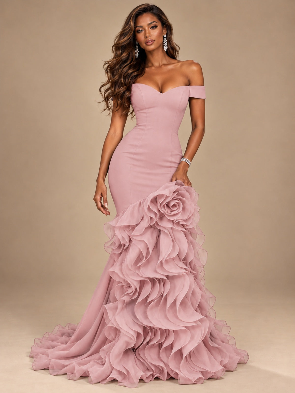 Dusty Blue Off-the-Shoulder Mermaid Prom Dress with 3D Rose & Ruffles