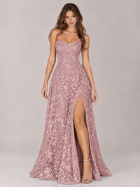 Floral Lace A-Line Prom Dress with Spaghetti Straps & High Slit