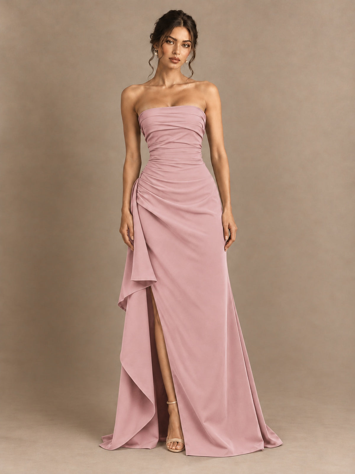 Black and White Strapless Ruched Prom Dress with High Slit & Side Drape