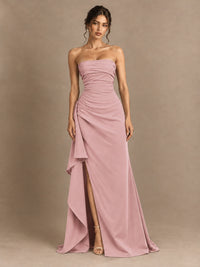 Black and White Strapless Ruched Prom Dress with High Slit & Side Drape