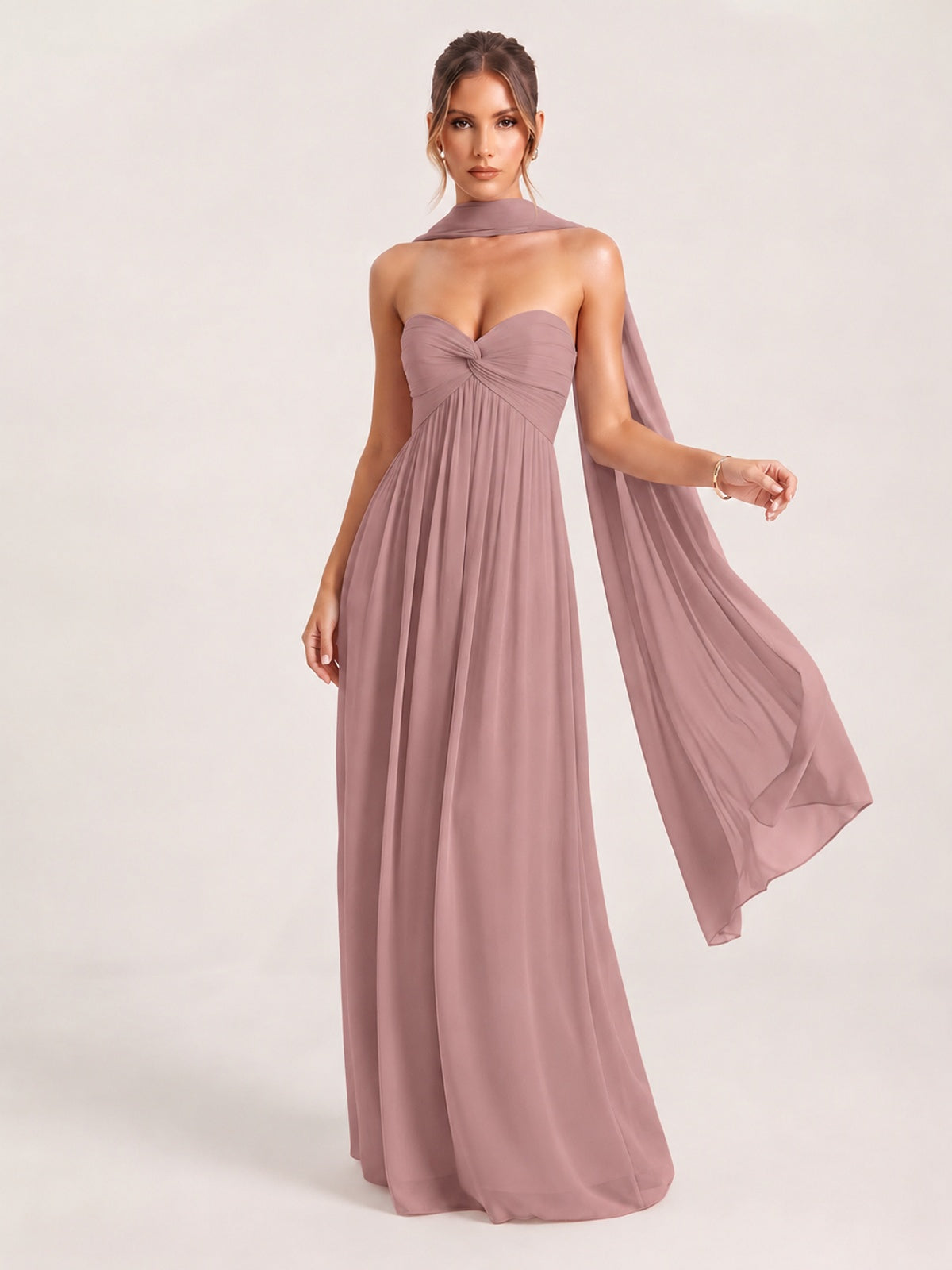 Dusty Rose Strapless Ruched Chiffon Long Prom Dress with Scarf A-line Sweetheart Ruffled Formal Wedding Guest Dress Evening Gown