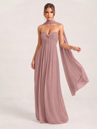 Dusty Rose Strapless Ruched Chiffon Long Prom Dress with Scarf A-line Sweetheart Ruffled Formal Wedding Guest Dress Evening Gown