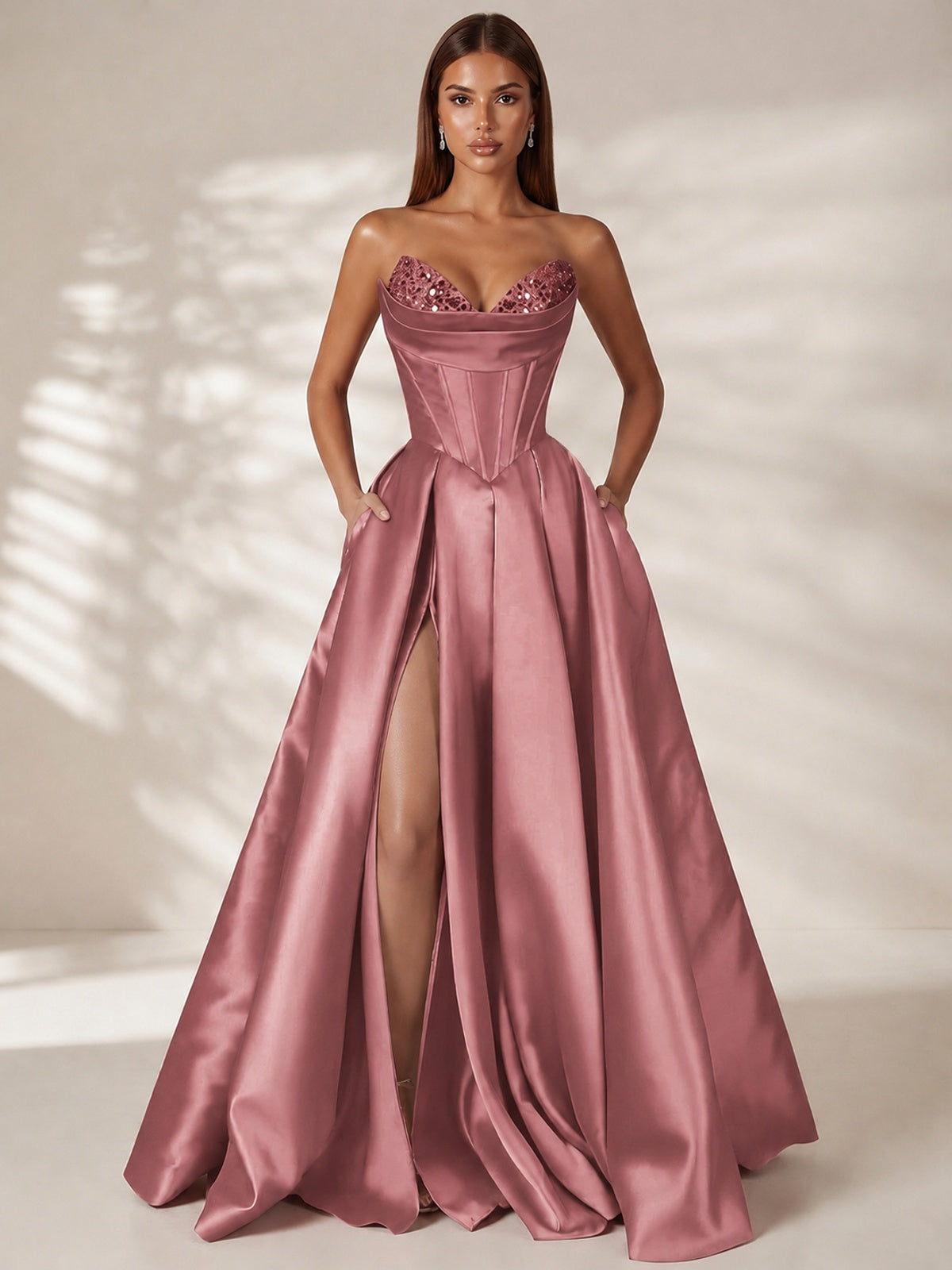 Dusty Rose Strapless Corset Satin Prom Dress Long Evening Gown with High Slit