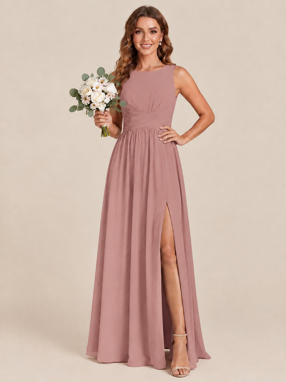 A-line Sleeveless Rucehd Chiffon Bridesmaid Dress with High Slit