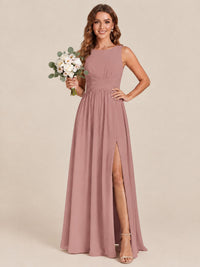 A-line Sleeveless Rucehd Chiffon Bridesmaid Dress with High Slit
