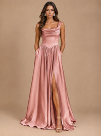 Cowl Neck Pleated Satin Prom Dress with Pockets & Slit Maxi Formal Gowns