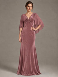 Navy Blue Velvet V Neck Mermaid Formal Dress with Flutter Cape Sleeves