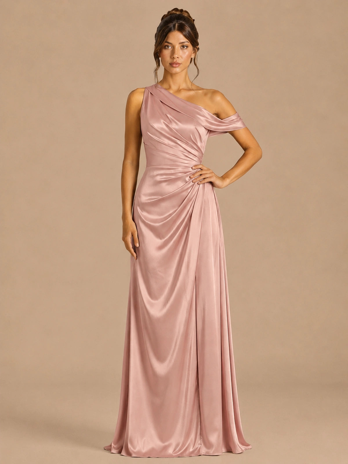 Dusty Rose-satin one shoulder prom dress ruched long formal gow Jovelle