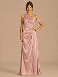 Dusty Rose-satin one shoulder prom dress ruched long formal gow Jovelle