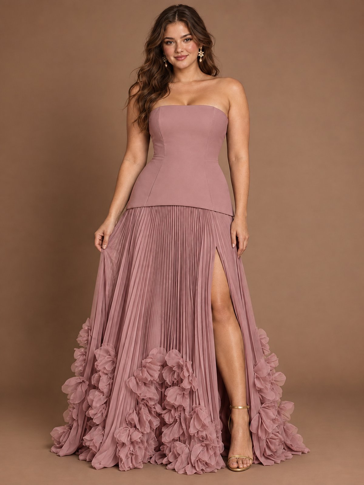 Strapless Pleated Floral Satin Formal Dress with Side Slit