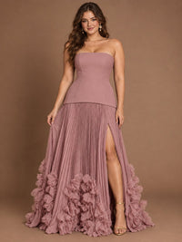 Strapless Pleated Floral Satin Formal Dress with Side Slit