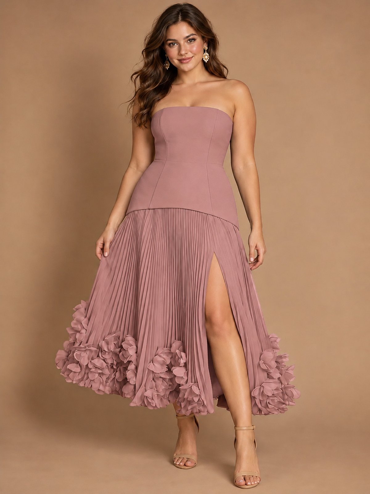 Navy Blue Strapless Pleated A-Line Midi Dress with 3D Floral Applique