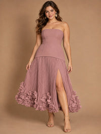 Navy Blue Strapless Pleated A-Line Midi Dress with 3D Floral Applique