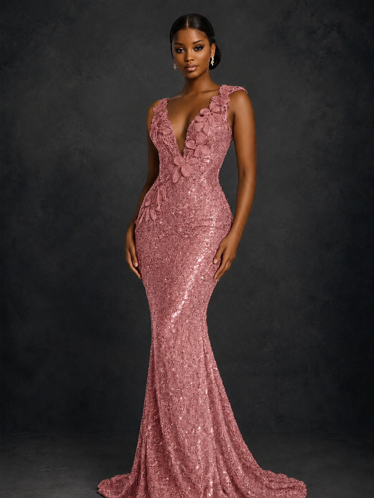 Gold Sequin Floral Applique Mermaid Prom Dress