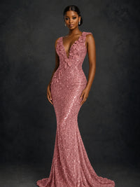 Gold Sequin Floral Applique Mermaid Prom Dress