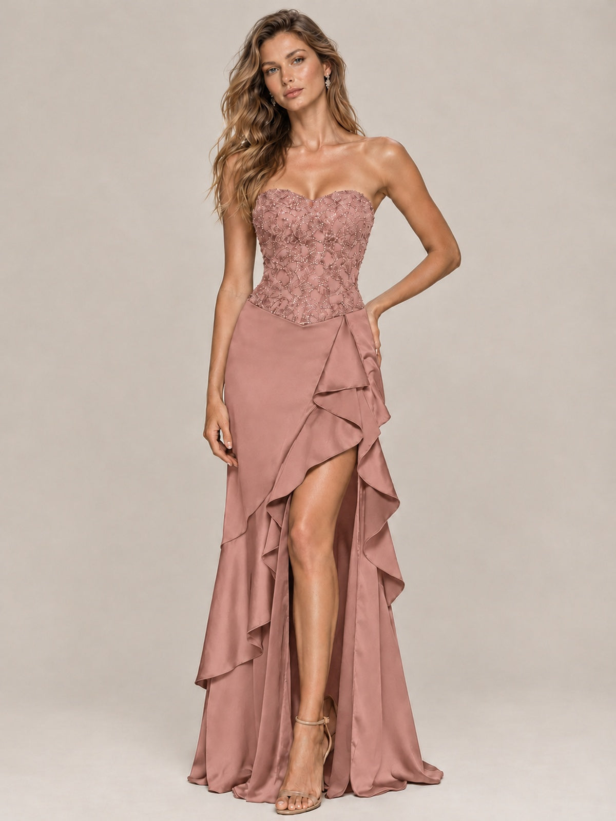 Strapless Lace Appliques Corset Satin Prom Dress Ruffle Slit Evening Gown