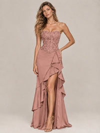 Strapless Lace Appliques Corset Satin Prom Dress Ruffle Slit Evening Gown