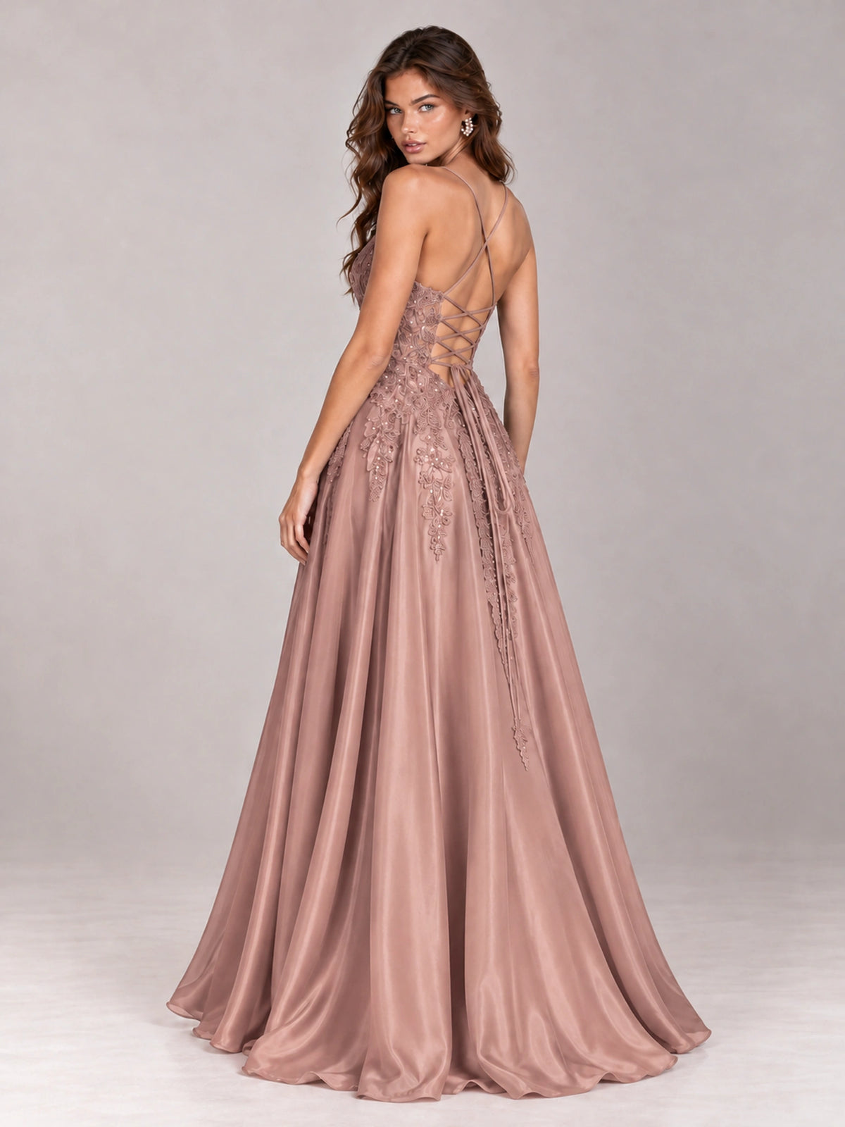 Lace Applique Satin A-Line Prom Dress with Sheer Bodice