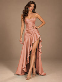 Burgundy Spaghetti Strap Ruched Prom Dress with Ruffled High Slit