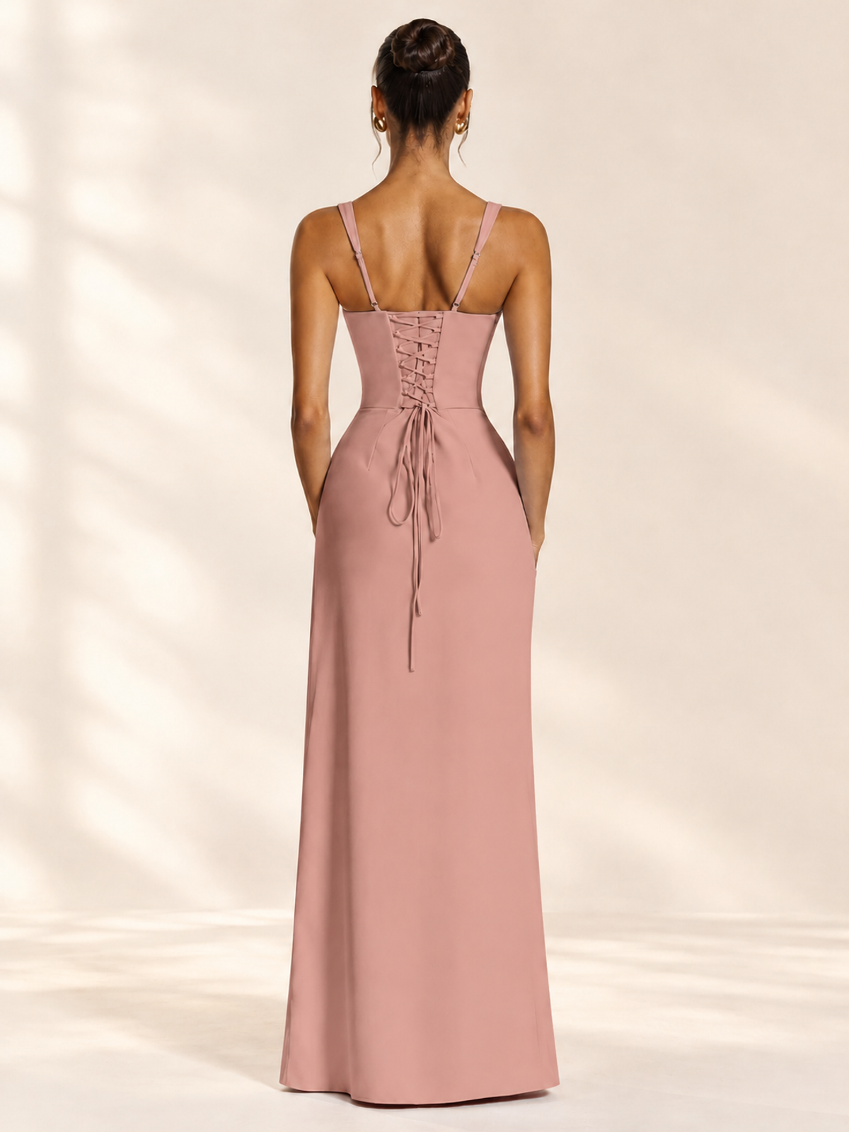 Square Neck Satin Sleeveless Ruched Prom Dress with High Slit