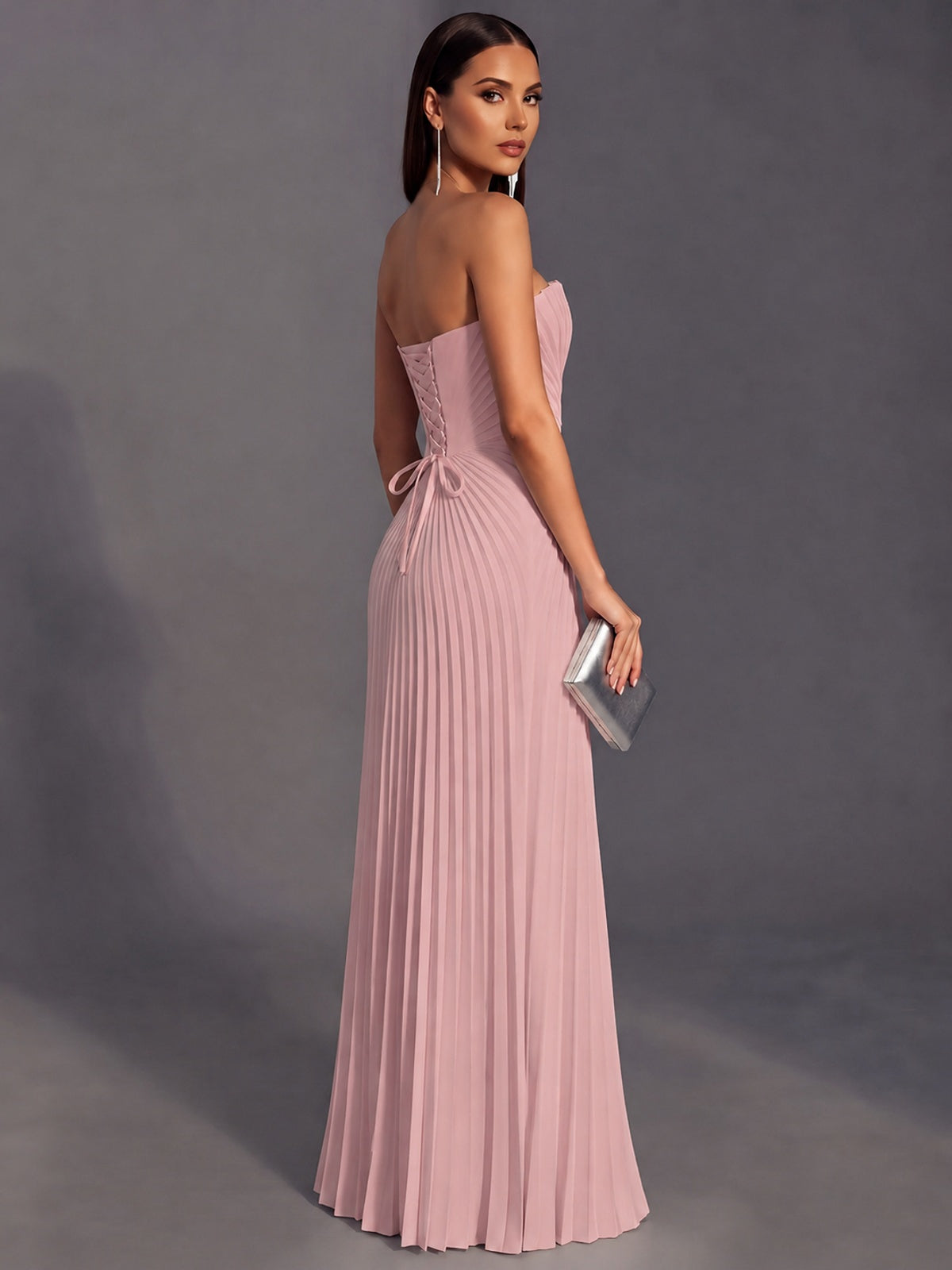 Strapless A-line Long Pleated Satin Prom Dress