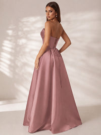 Strapless Corset Satin Prom Dress Long Evening Gown with High Slit