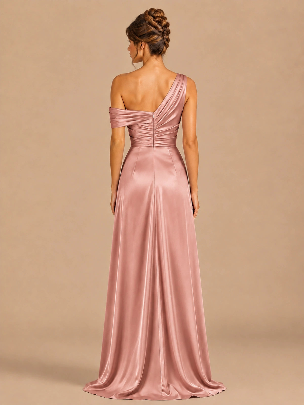 Satin One Shoulder Prom Dress Ruched Long Formal Evening Gown